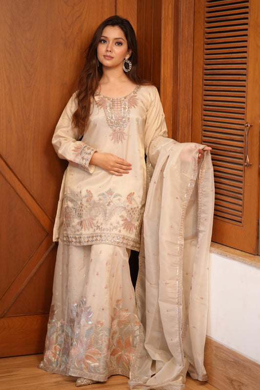 Ivory Embroidered Sharara Set