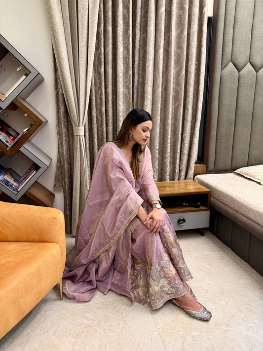 Mauve Organza Anarkali Suit With Intricate Floral Embroidery