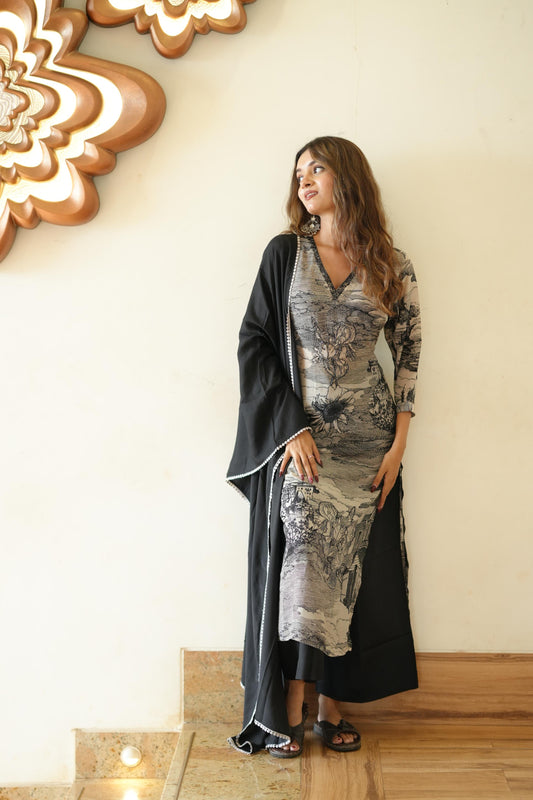 Modern Monochrome Printed Suit Se