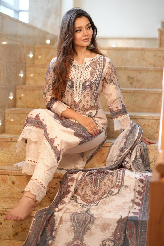 A Printed Cotton Kurta Set With Lace Detailing 